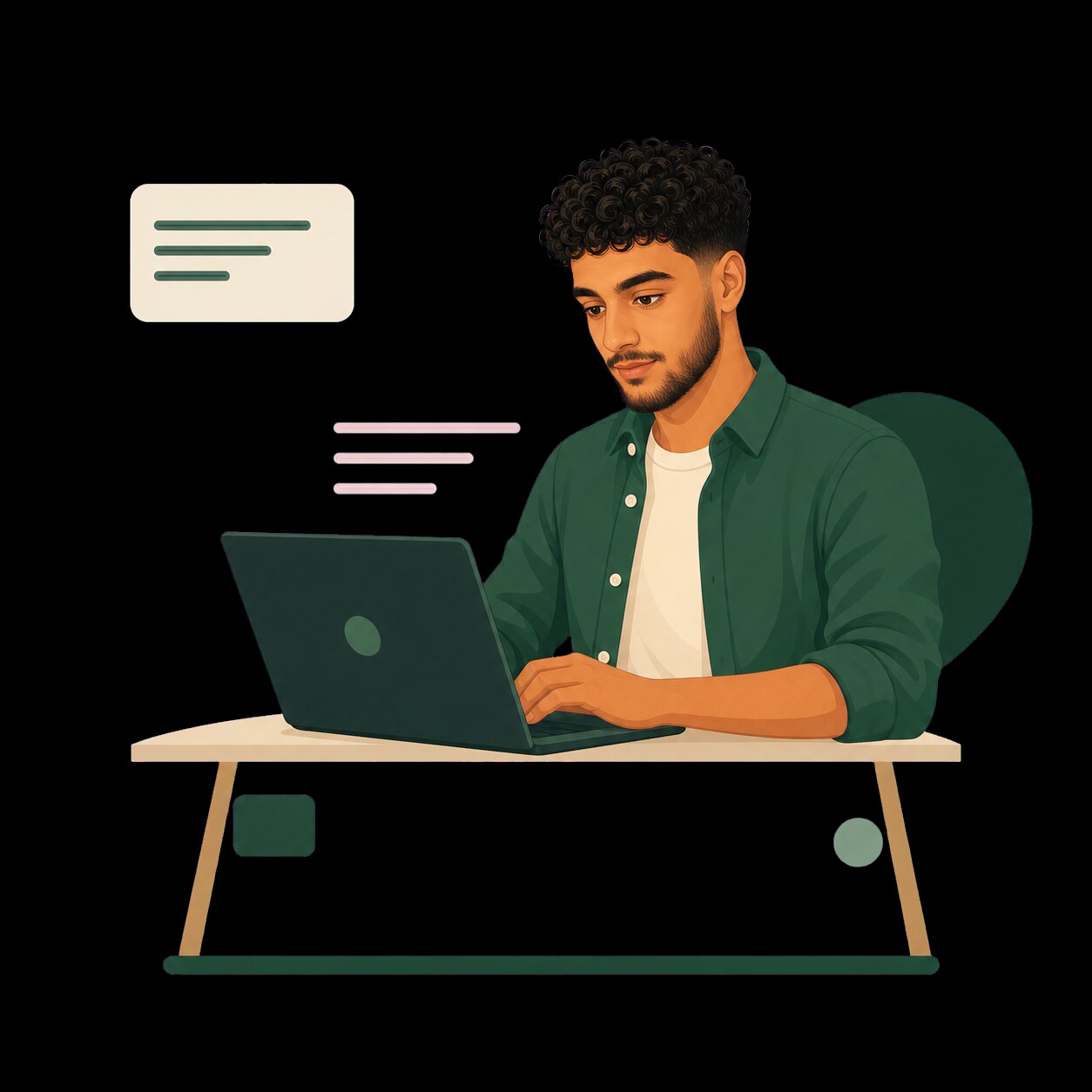 Illustration de Moncef STITI devant son ordinateur, entouré d’éléments de code et de données